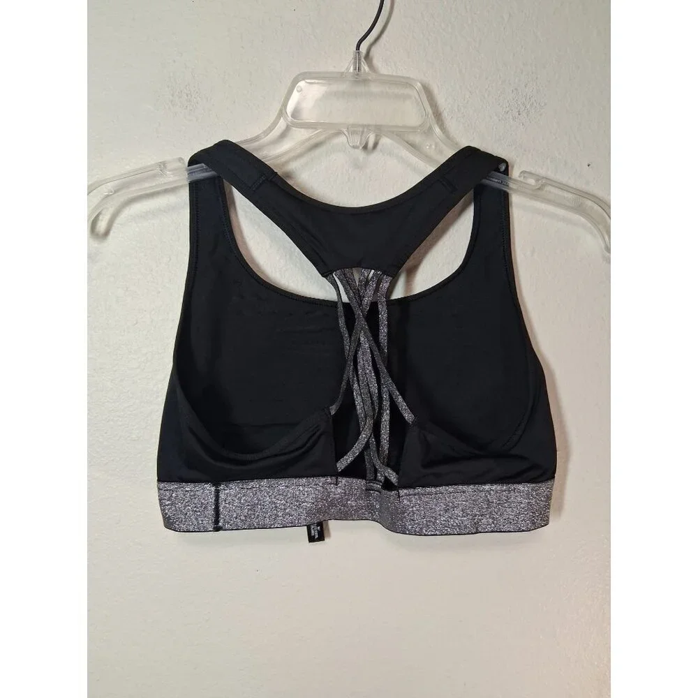Victoria Secret Sports Bra Athletic Workout Yoga Black Silver Size Medium